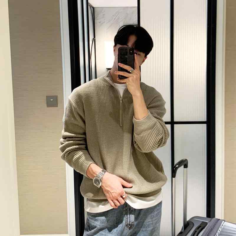セーター メンズ 秋冬 大人 韓国 長袖 シンプル ハーフジップアップ カジュアル ゆったり 無地 おしゃれ トップス お出かけ ショッピング カーキ 紺 黒｜フロントップ店