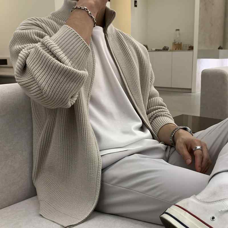 メンズ カーディガン ジャケット 男性 紳士 韓国 秋 ニット セーター カジュアル 普段使い ルーズ ゆったり 黒 ベージュ 無地 スタンドカラー 7,000円