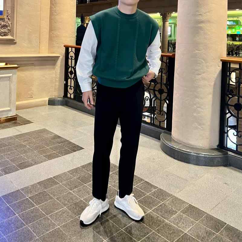 レイヤード風 ニット ベスト シャツ メンズ おしゃれ 大きいサイズ 長袖 ラウンドネック ゆったり 柔らかい ジャガード 秋冬 トップス チョッキ プルオーバー 韓国 シンプル スタイリッシュ シック オフィスカジュアル ビジネス 普段着 黒 緑
