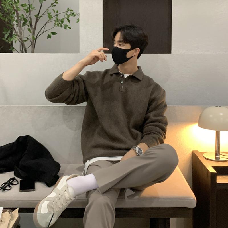 襟付き ニット メンズ 韓国 セーター カジュアル ゆったり 長袖 秋 レジャー 茶色 黒 グレー シンプル 普段使い 無地 おしゃれ おでかけ 柔らかい トップス｜フロントップ店
