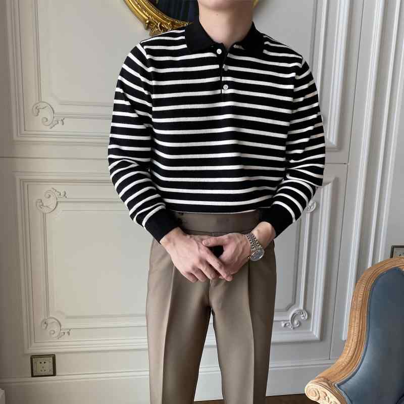 襟付き ニット メンズ 冬 セーター カジュアル 白 黒 ボーダー アメリカン レトロ 大きいサイズ 長袖 レジャー ポリエステル ナイロン シンプル 普段使い おしゃれ おでかけ