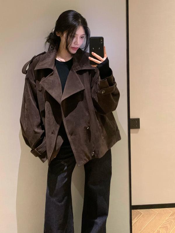 ジャケット レディース おしゃれ 大人 秋 韓国 オーバーサイズ 小柄 ブラウン スエード風 風 ゆったり ショート丈 アウター カジュアル コート・ジャケット-レディースファッション