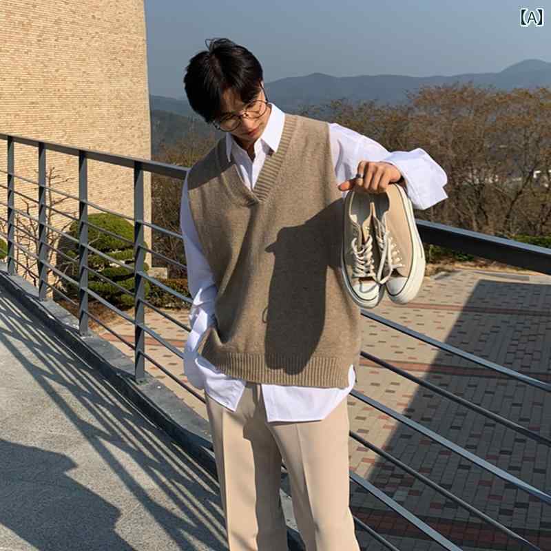 ベスト メンズ 韓国 春秋 ニット セーター プルオーバー Vネック ノースリーブ ゆったり カジュアル シンプル おしゃれ 無地 カーキ グレー 黒