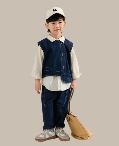 ベスト キッズ 前開き 韓国 春秋 デニム 男の子 女の子 セットアップ 子供服 ベビー 兄弟姉妹 お揃い コットン カジュアル おしゃれ 青 白｜フロントップ店