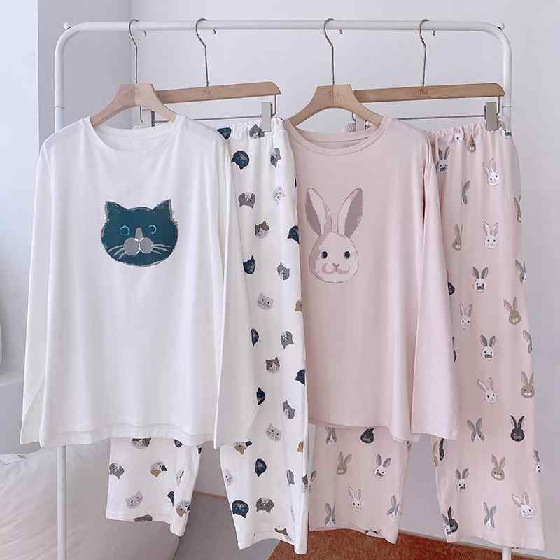 ルームウエア レディース 長袖 半袖 綿 春秋 かわいい ウエストゴム 普段使い パジャマ 猫 ウサギ 女の子 ゆったり トップス ボトムス 上下セット ズボン フリーサイズ ラウンドネック プルオーバー プリント 白 ピンク