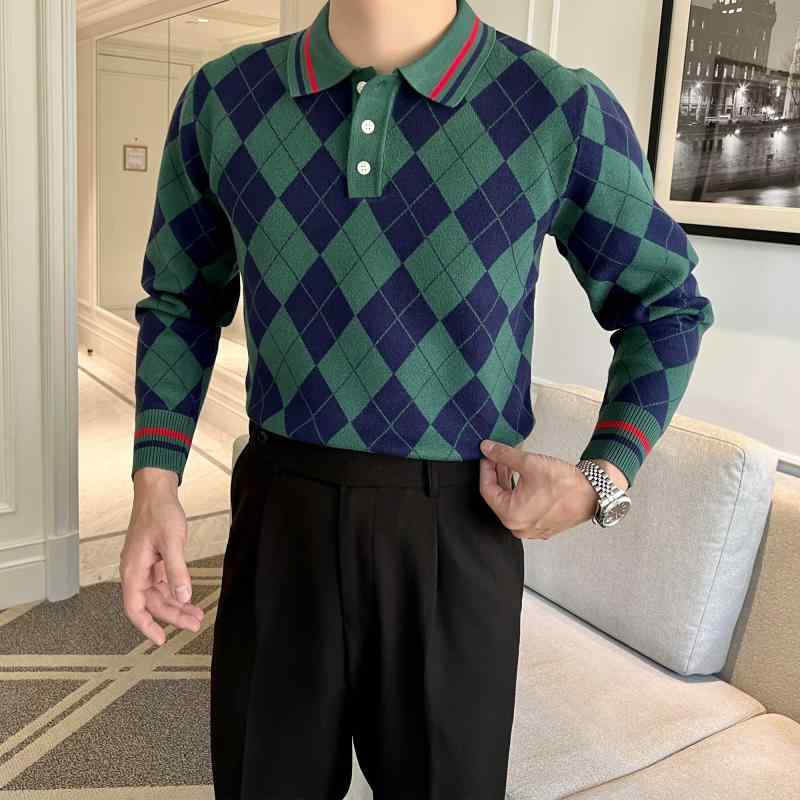 セーター メンズ 大人 レトロ 秋冬 長袖 暖かい 大きいサイズ スリムフィット 襟付き ボタン カジュアル おしゃれ 菱形柄 青 緑