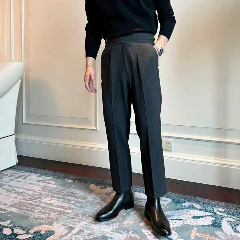 スラックス メンズ ビジネス カジュアル パンツ 英国風 シンプル 紳士 レトロ 無地 ストレート 普段使い おしゃれ ハイウエスト 厚手 バックル グレー 黒
