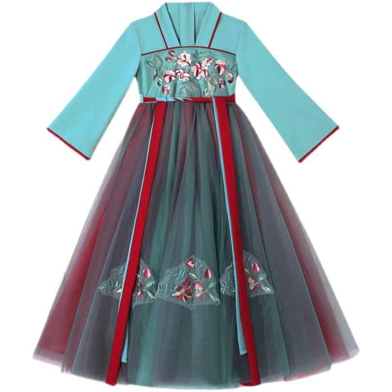 漢服 子供 女の子 キッズ ガールズ 秋 妖精 レトロ 衣装 スカート 春 チャイナ風 薄手 刺繍 花 背中 チャック シースルー ひも お祝い 写真 撮影 かわいい 緑|フロントップ店