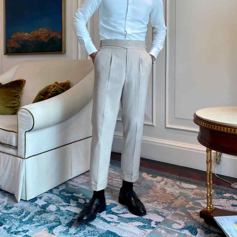 スラックス メンズ ビジネス 英国風 紳士 レトロ ハイウエスト ストレート パンツ カジュアル クラシック 普段使い ウール 暖かい 柔らかい ボタン バックル ベージュ 黒