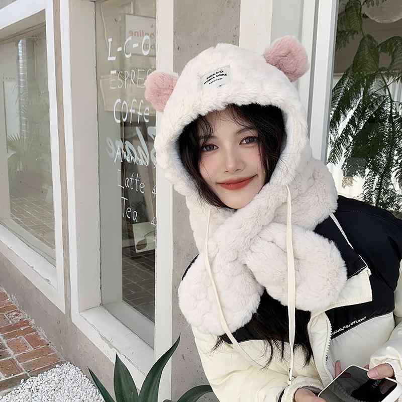 帽子 レディース カップル 秋冬 クマ ツーインワン ネックウォーマー 暖かい もこもこ 防寒 かわいい ストリート ピンク 白 ベージュ フリーサイズ プレゼント 誕生日 クリスマス