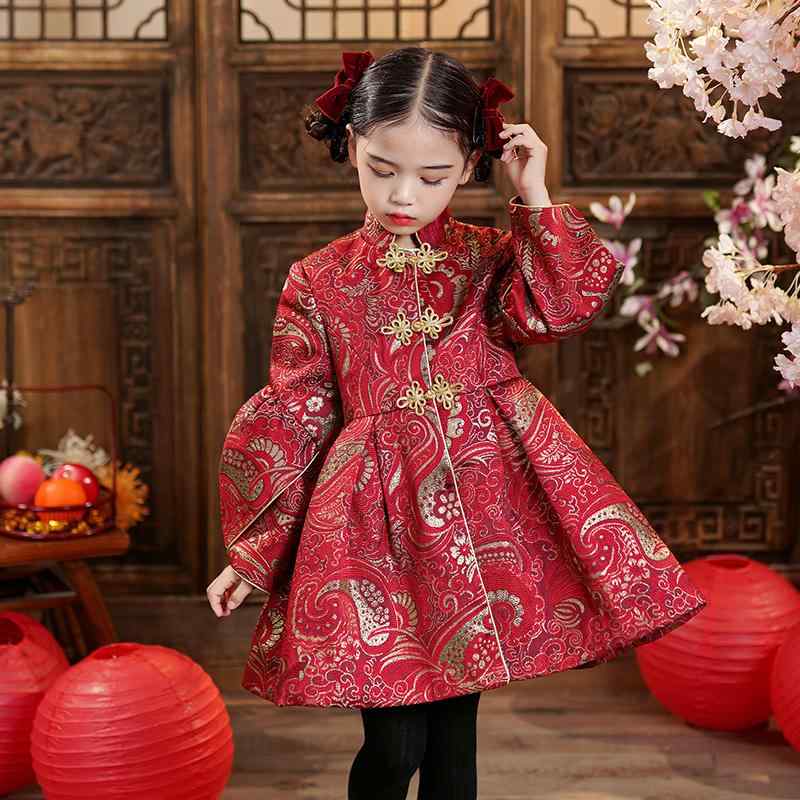 漢服 子供 衣装 コスプレ チャイナドレス キッズ 女の子 冬 レトロ かわいい 中国 ヘアピン付き ファー 襟 厚手 中綿 赤 ふんわり ボリューム 暖かい