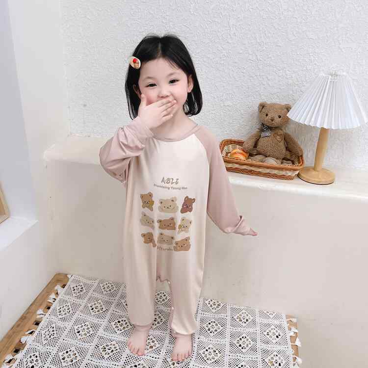 パジャマ キッズ 女の子 長袖 ルームウェア ベビー 幼児 オールインワン ラウンドネック 快適 通気性 柔らかい 伸縮 かわいい クマ 茶色 リビング 寝室 快眠 春秋 男女兼用