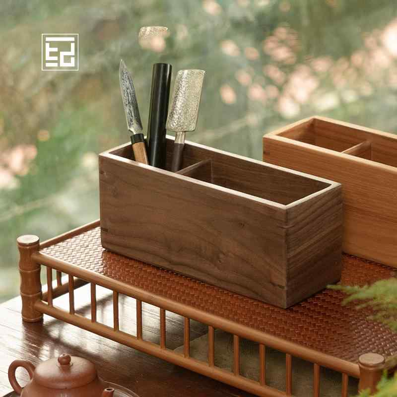 収納 木製ボックス 無垢材 黒 ウォールナット チェリーウッド 茶道 筒 工具入れ ティーセット ペンホルダー アクセサリー 茶室 リビング 卓上 レトロ チャイナ風 仕切り
