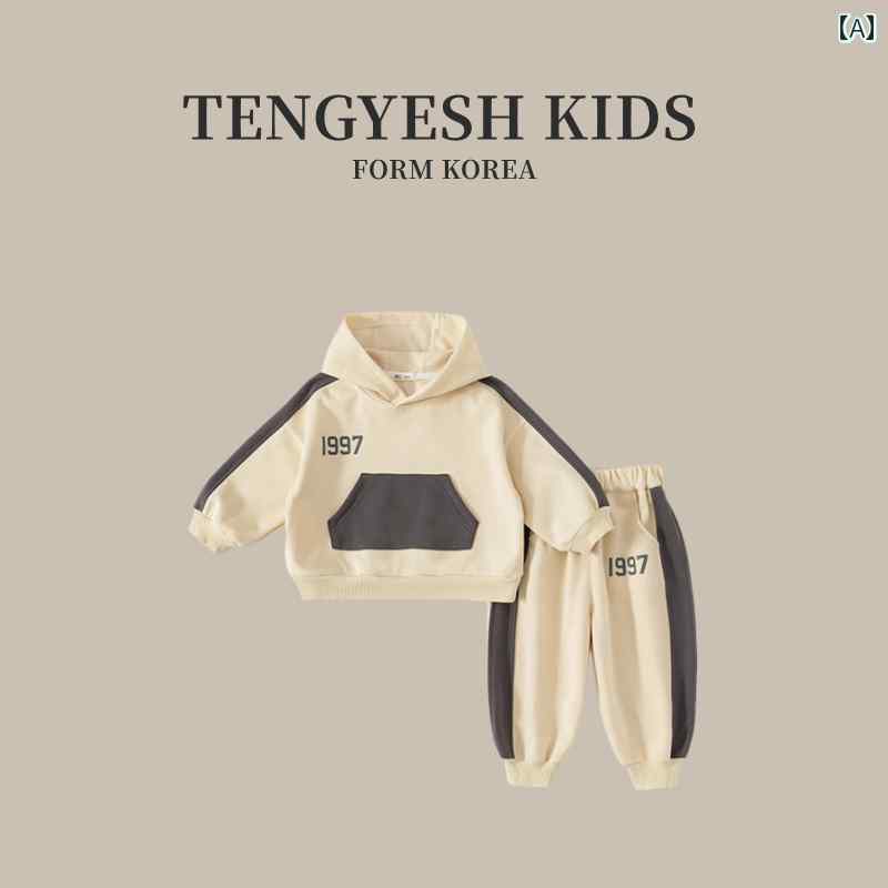 セットアップ キッズ 男の子 女の子 ベビー 韓国 春秋 パーカー スウェット プルオーバー ポケット ロングパンツ ウエストゴム 通気 ソフト カジュアル おしゃれ バイカラー ベージュ グレー｜フロントップ店