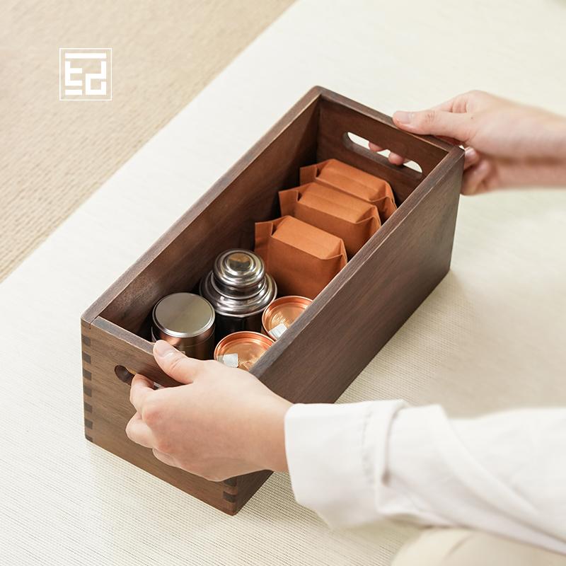 収納 木製ボックス ウォールナット チェリー木 卓上 バスケット 茶室 アクセサリー 無垢材 穴 花 取っ手付き 整理 保管 小さい 耐久性 ダーク おしゃれ｜フロントップ店
