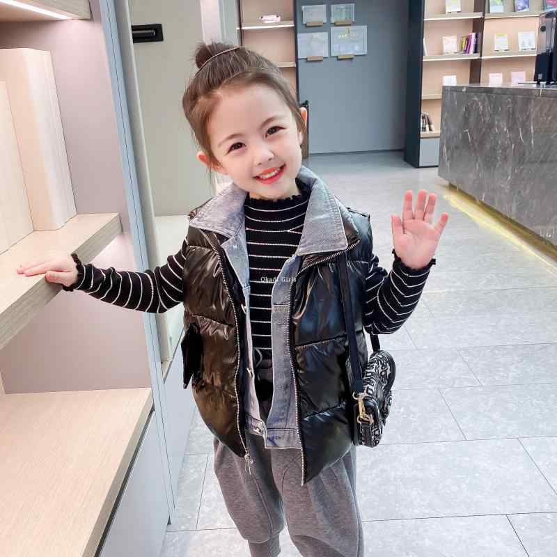 ダウンベスト キッズ 女の子 男の子 ベビー 秋冬 アウター 綿 デニム 切り替え ジップアップ 厚手 暖かい 重ね着風 カジュアル おしゃれ