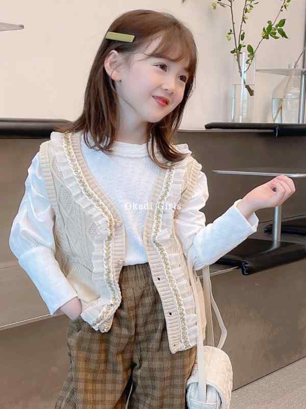 ベスト キッズ 160 女の子 韓国 春秋 ニット 前開き Vネック ボタン ポケット フリル 毛玉になりにくい 色褪せにくい おしゃれ カジュアル