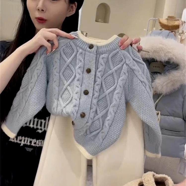 女の子 セーター キッズ ベビー 韓国 カーディガン シングルブレスト ラウンドネック 長袖 秋冬 暖かい ケーブル編み おしゃれ 青 ピンク