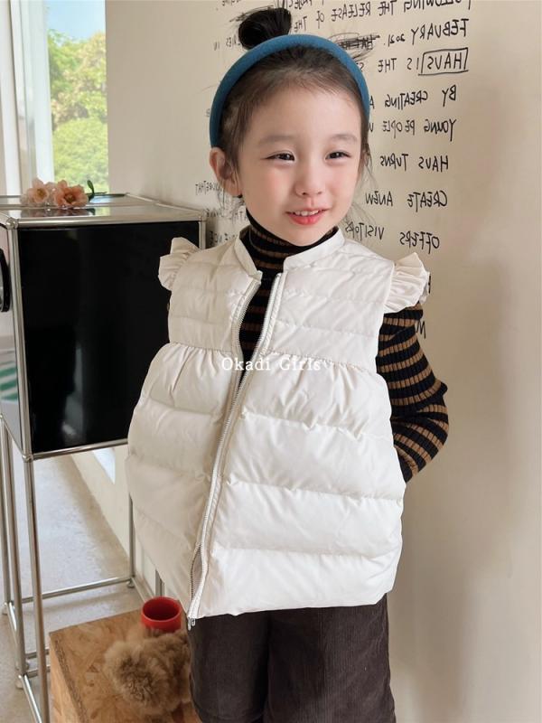 ダウンベスト キッズ 女の子 ベビー 韓国 秋冬 ホワイトダック 前開き ジップアップ フリル 暖かい かわいい カジュアル シンプル アイボリー