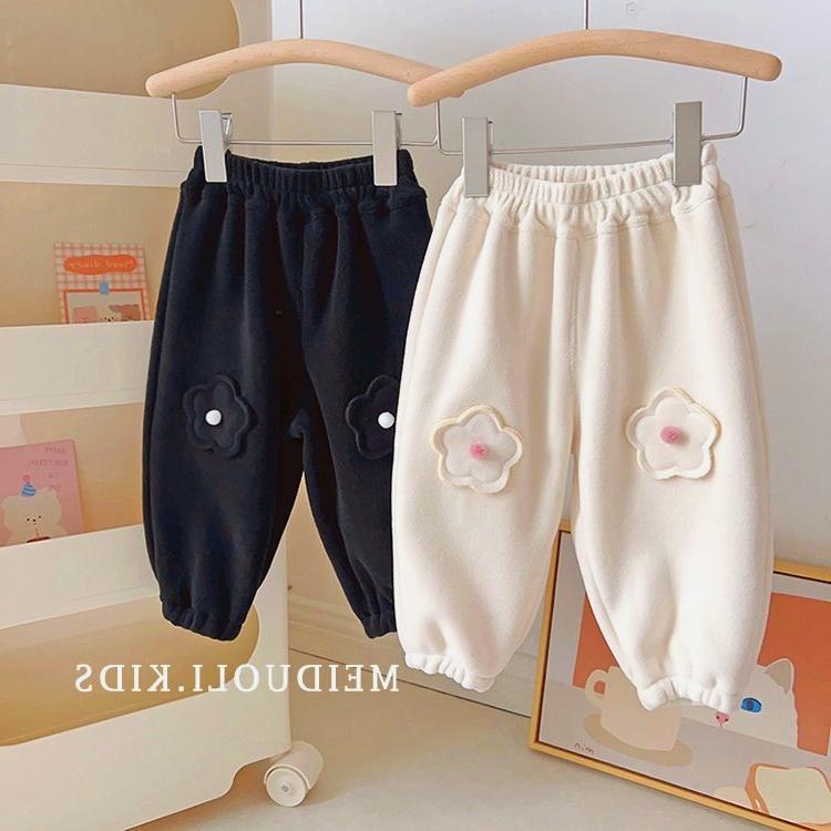 秋冬 ズボン キッズ 女の子 暖かい 厚手 カジュアル パンツ 大きな 韓国 伸縮性 綿 白 黒 花 シンプル おしゃれ おでかけ 普段使い ウエストゴム 裏起毛 ゆったり
