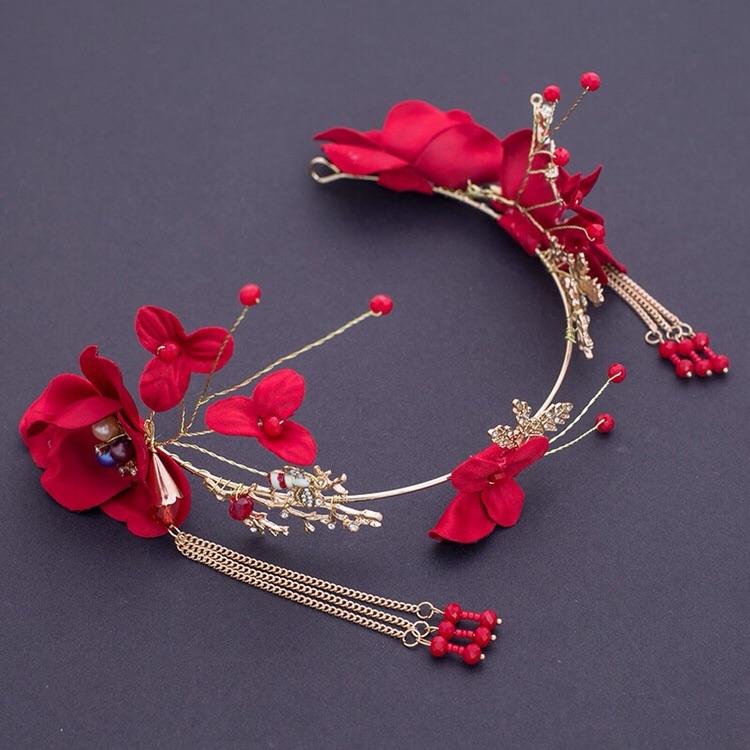 結婚式 ウェディング 髪飾り 花 タッセル フォトスタジオ スタイリング アクセサリー 合金 メッキ イヤリング セット シンプル 華やか 赤 プレゼント レディース パーティー
