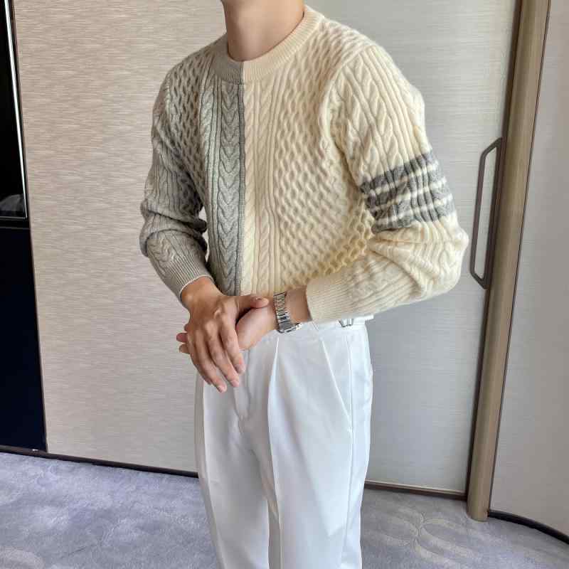 セーター メンズ 冬 厚手 防寒 暖かい ニット アシンメトリー カジュアル ジャカード アメリカン レトロ 柔らかい 普段使い レジャー ラウンドネック 長袖 大きいサイズ ベージュ 青