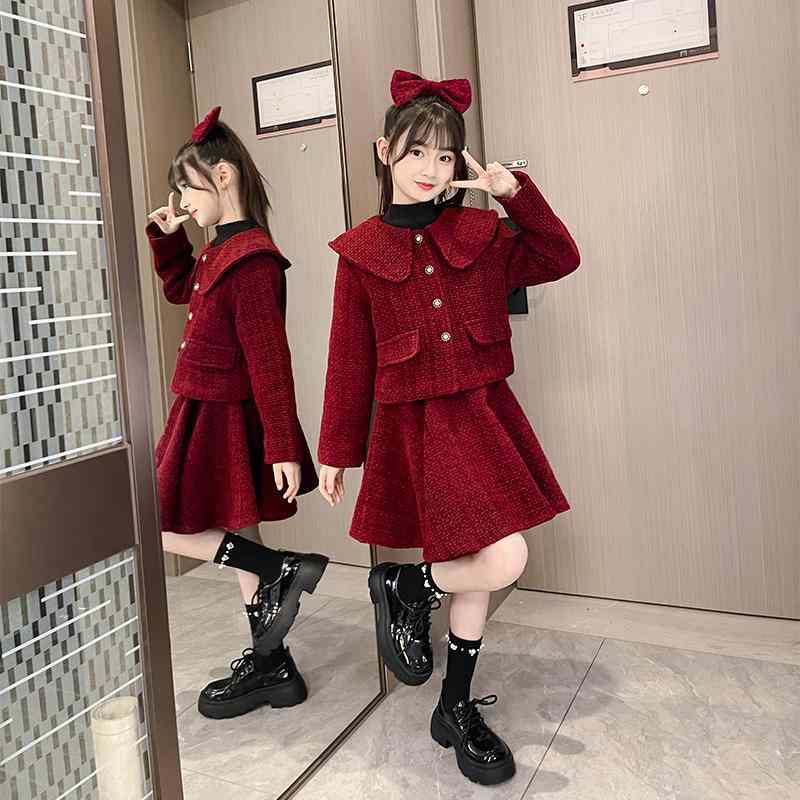 セットアップ 女の子 子供服 秋冬 ツイード ジャケット スカート 大きめ襟 上品 清楚 レトロ ウール 長袖 膝上丈 厚手 暖かい 裏地付き かわいい お呼ばれ 発表会 赤｜フロントップ店