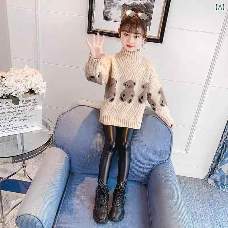 子供服 セーター 秋冬 女の子 長袖 トップス ニット ハイネック プルオーバー ゆったり 厚手 柔らかい シンプル カジュアル かわいい 赤 アプリコット クマ｜フロントップ店