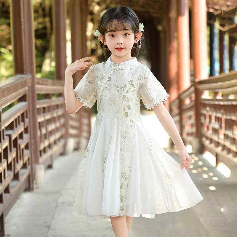 漢服 子供 キッズ 衣装 写真 撮影 女の子 夏 チャイナボタン 中国風 スカート シースルー パール ビーズ レース 装飾 背中 チャック 裏地 かわいい プリント 柄 花 普段使い お出かけ アプリコット 青
