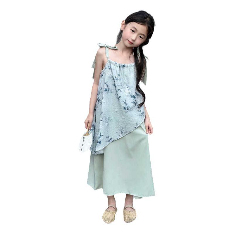 ワンピース 女の子 子供 キッズ 衣装 写真 撮影 スカート 夏 中国風 アシンメトリー キャミソール 紐 リボン プリント 柄 カジュアル 普段使い レジャー お出かけ おしゃれ 緑|フロントップ店