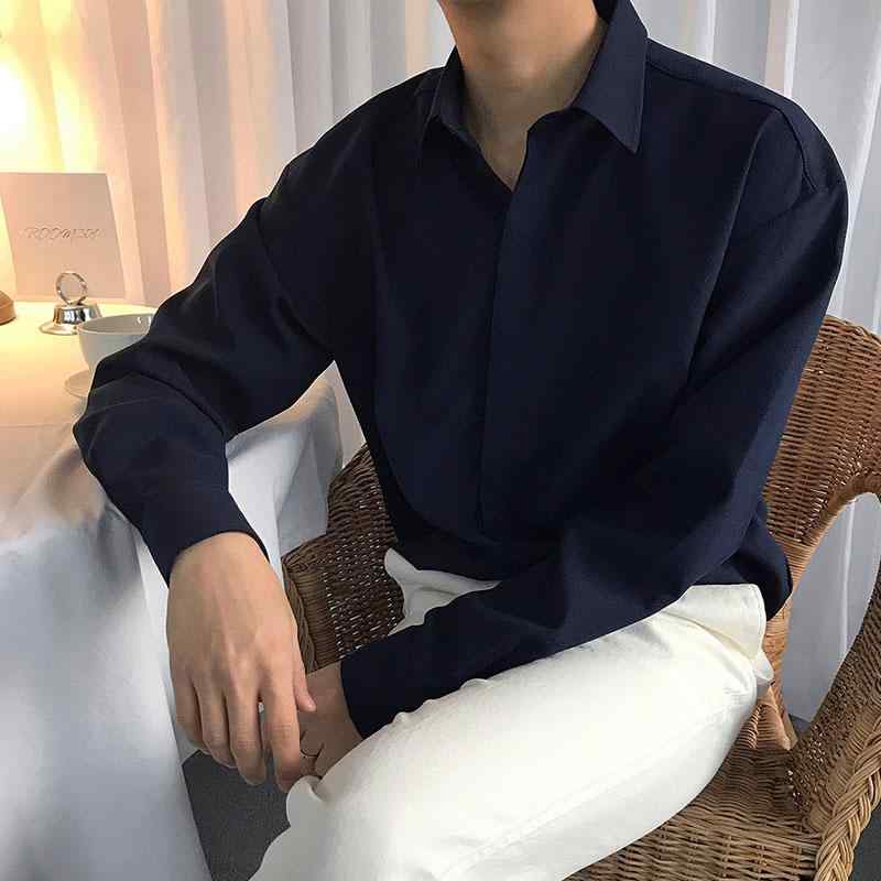 メンズ 心地よい プルオーバー 長袖 前食い違い 名取り草 ポインテッドカラー ゆったり トップス 韓国 今めかしい 分かりやすい 無地 商行為 薄っぺら 軽さ パステル色の 白 黒 サクラ色