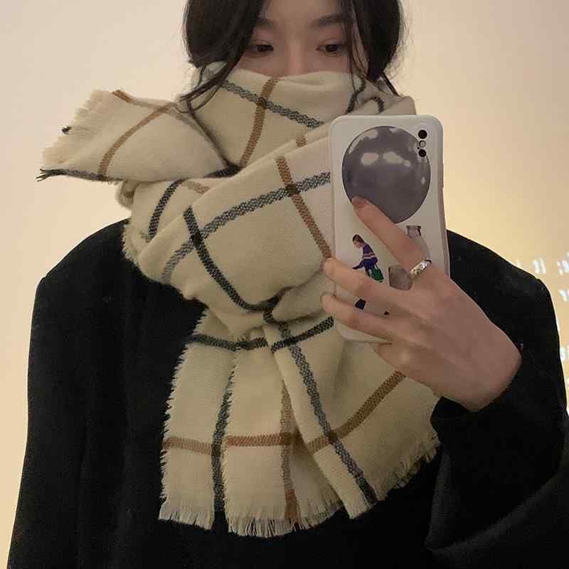 マフラー レディース かわいい 女性 婦人 ティーン 韓国 冬 厚手 暖かい 保温 ショール カジュアル 普段使い 通勤 通学 オフィス ギフト アイボリー フリンジ チェック 柄 ウィンドウペーン