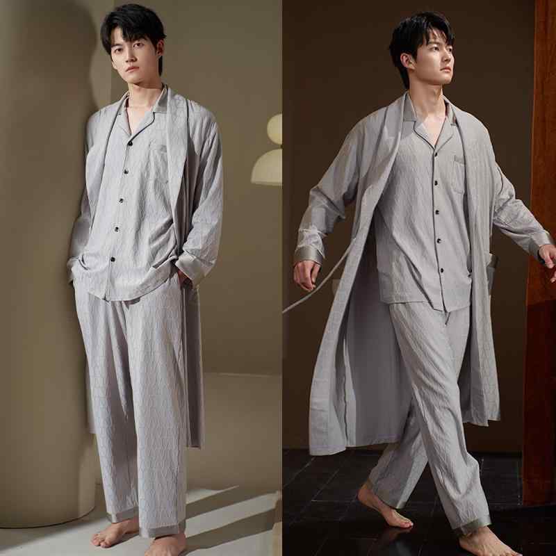 パジャマ メンズ 冬 柔らかい 暖かい 綿 長袖 ローブ ルームウェア ３点セット パンツ ウエストゴム ボタン ポケット シンプル カジュアル グレー モカ｜フロントップ店