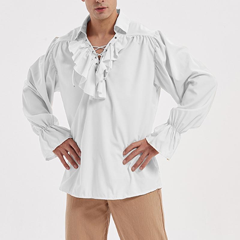 中世 服 メンズ レトロ 大きいサイズ ゆったり 長袖 シャツ 襟 レースアップ フリル パフスリーブ 衣装 コスチューム シンプル 無地 ピンク 赤 白