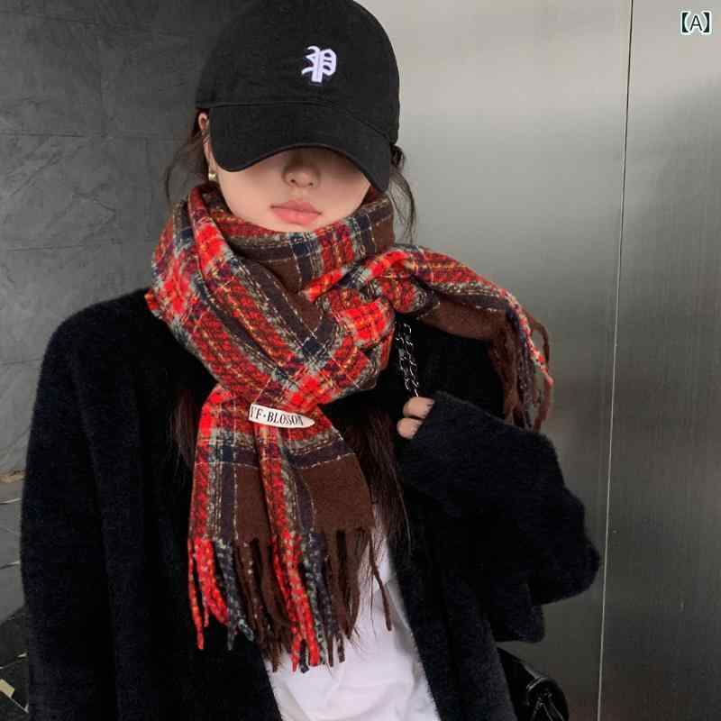 マフラー レディース チェック 韓国 秋冬 フリンジ 暖かい 厚手 ソフト 防寒 通学 ロング レトロ おしゃれ カジュアル 赤 プレゼント 誕生日