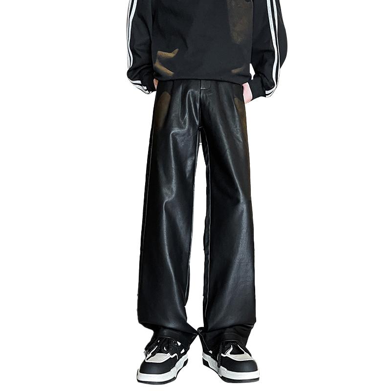 フェイクレザー パンツ メンズ 大きいサイズ 秋冬 ゆったり ストレート ロング PU バイク ライダース カジュアル かっこいい シンプル 黒 茶