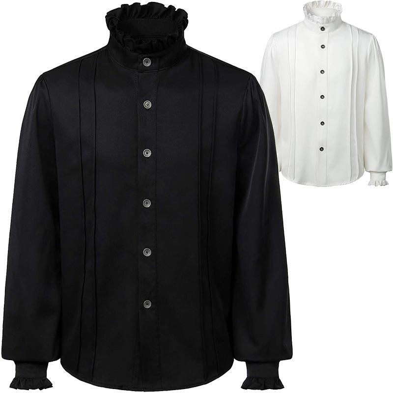 中世 服 レトロ メンズ 大きいサイズ ゆったり 長袖 シャツ シングルブレスト ボタン スタンドカラー フリル コスチューム シンプル 無地 白 黒