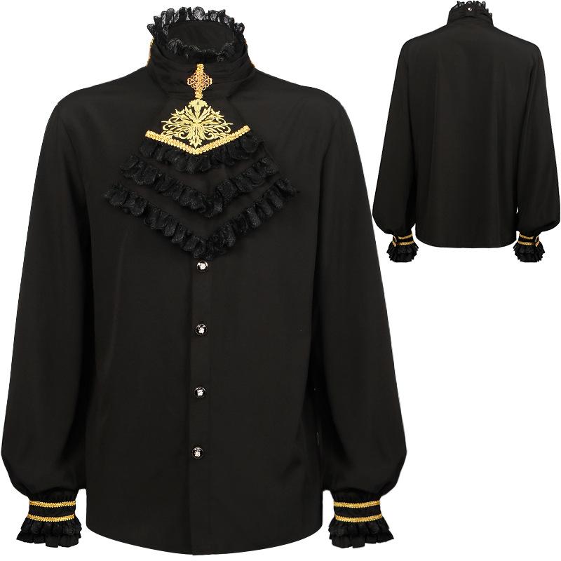 中世 服 メンズ 大きいサイズ ゆったり ゴシック風 レトロ 長袖 シャツ フリル レース スタンドカラー シングルブレスト ボタン ネクタイ 刺・墸 おしゃれ 黒
