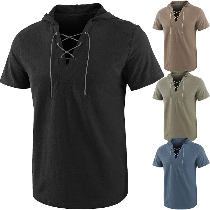 tシャツ メンズ 中世 レトロ トップス 大きいサイズ ゆったり 半袖 レースアップ フード 夏 カジュアル シンプル 無地 黒 青 緑
