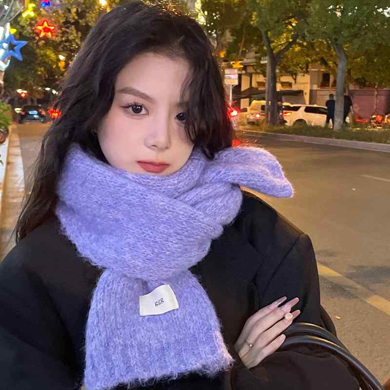 マフラー レディース 暖かい ニット 大人 女性用 冬 防寒 ウール 厚手 プレゼント 韓国 モヘア ワンポイント タグ 無地 シンプル 通勤 普段使い レジャーおしゃれ 黄色 青 グレー
