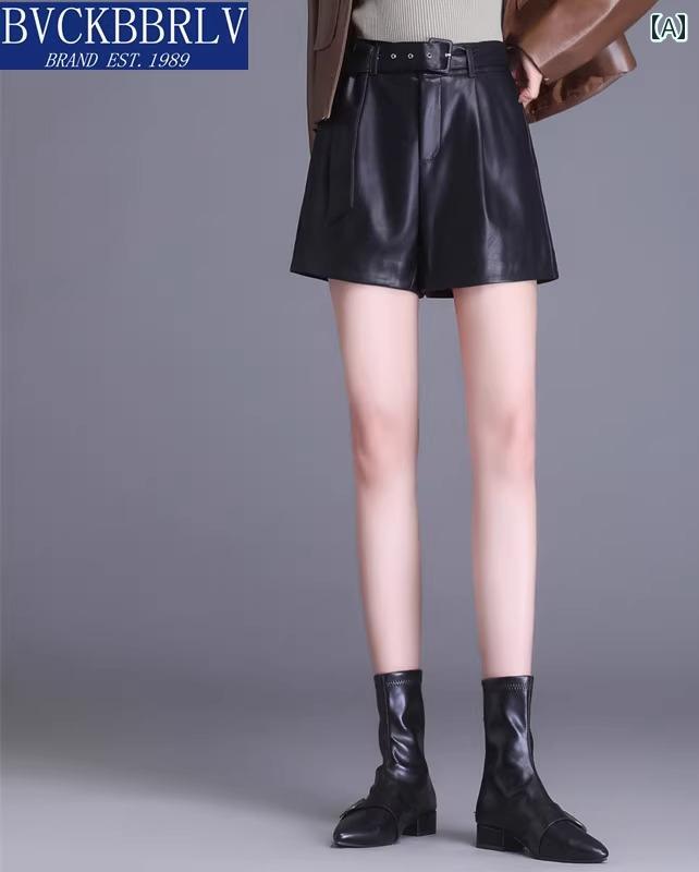 レザーショートパンツ 大人 レディース 大きいサイズ ゆったり ピンバックル ベルト ハイウエスト ジッパー ポケット 羊革 秋冬 Aライン ワイド シンプル 無地 おしゃれ 普段使い 外出用 黒 茶 カーキ