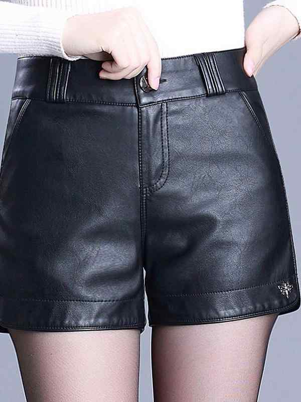 レザーショートパンツ 大人 レディース 大きいサイズ 韓国 PU 秋冬 スリムフィット ハイウエスト ボタン ポケット ゴム スリット シンプル 無地 おしゃれ 黒