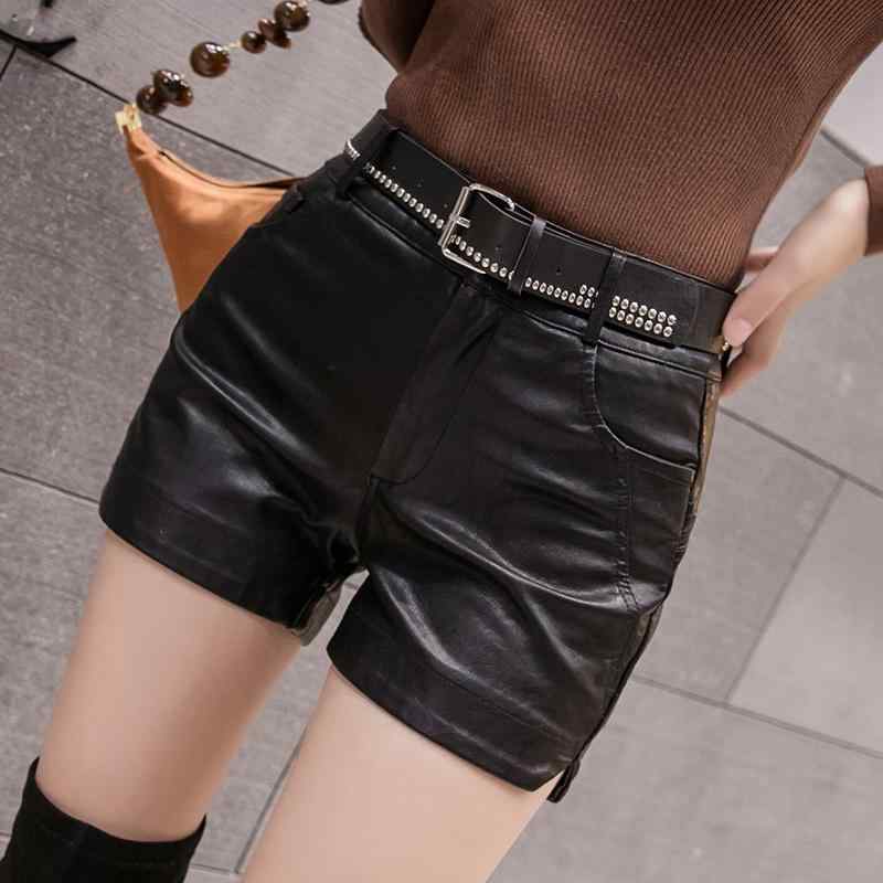 レザーショートパンツ 大人 レディース 大きいサイズ スリムフィット 春秋 韓国 羊革 ジッパー ポケット ハイウエスト セット ベルト シンプル 無地 おしゃれ 黒