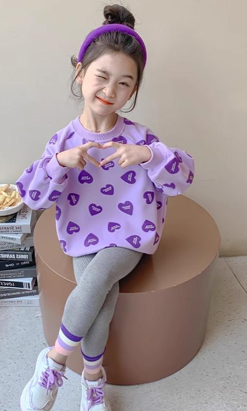子供服 セットアップ 女の子 春秋 ジュニア 長袖 スウェット トレーナー ウエストゴム レギンス ルームウェア スポーツ シンプル ストリート カジュアル おしゃれ ピンク 紫 ハート 英字｜フロントップ店