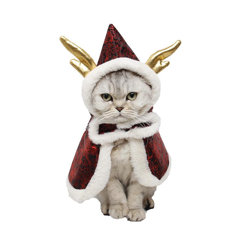 ペット 服 お正月 猫 小型犬 中国風 フード付き ドラコン 角 マント コスチューム 光沢 サテン 秋冬 防寒 フリーサイズ かわいい 鹿 黄 赤