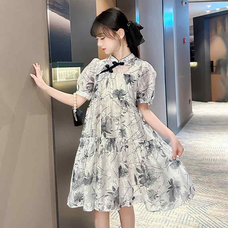 漢服 こども 女の子 夏 チャイナ風 柔らかい シンプル 花柄 おしゃれ 半袖 着脱簡単 おでかけ 誕生日 プレゼント ワンピース 水墨画 レトロ