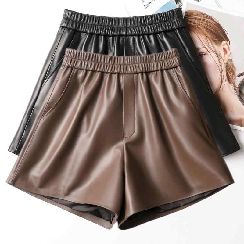 レザー ショートパンツ レディース ゆったり シンプル ワイドレッグ シープスキン 細見せ 脚長効果 Aライン 普段使い ポケット ウエストゴム ハイウエスト 黒 茶色 大きいサイズ