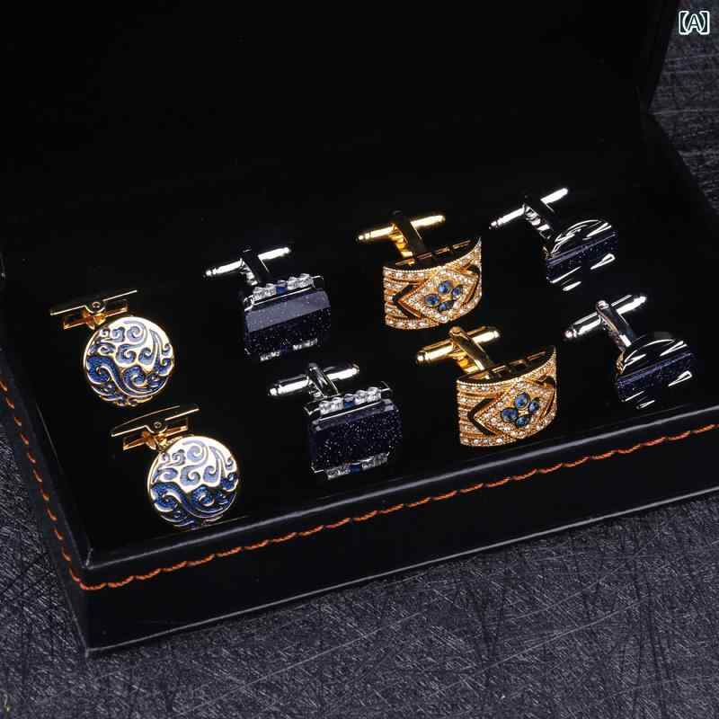 カフスボタン おしゃれ メンズ 長袖 フレンチ シャツ 袖口 アクセサリー 4点セット フォーマル ビジネス ギフト 円形 スクエア キラキラ ストーン ゴールド シルバー