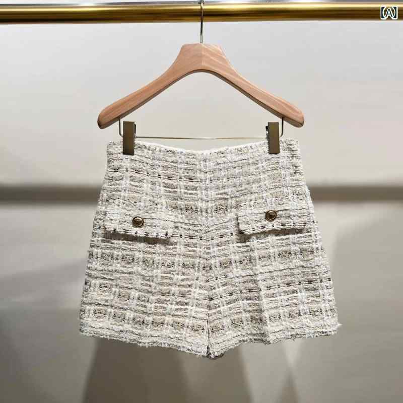 ショートパンツ レディース 冬 ツイード ボタン ハイウエスト ワイドレッグ ゆったり ソフト フレンチ おしゃれ シンプル ベージュ