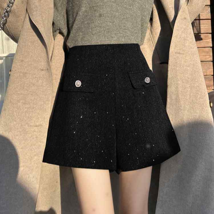 ショートパンツ レディース 冬 ツイード 韓国 キラキラ ジッパー ハイウエスト ストレート ワイドレッグ Aライン ゆったり 体型カバー おしゃれ シンプル 黒 グレー